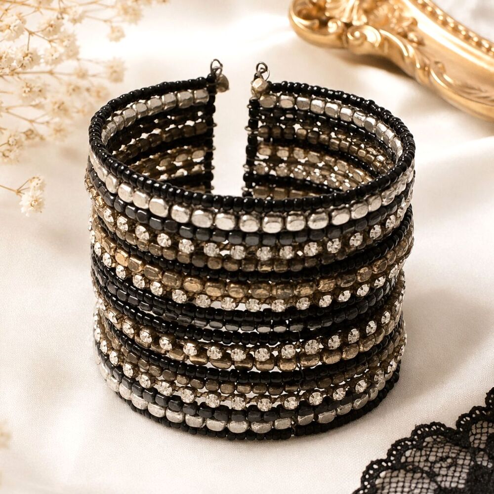 Tri Color Wired Beaded Cuff Bracelet Boho Rhinestone Statement Bracelet